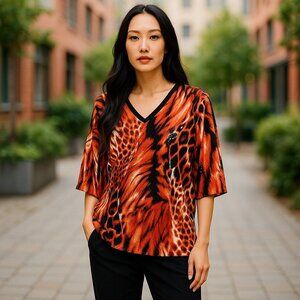 Susan Graver Orange Animal Print 3/4 Sleeve Top‎ Women's 1X Tiger/Leopard